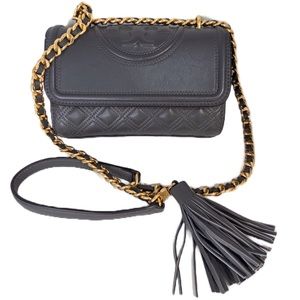 Tory Burch Fleming Shoulder Bag Gray Convertible Small Quilted Crossbody New